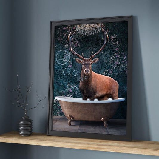 Stag In Bath Art Print, Deer Poster, Wall Art, Home Decor