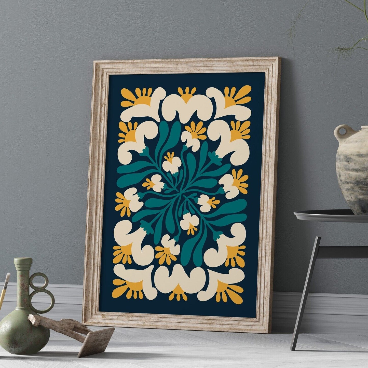 Retro Floral Art Print, Mid Century Flower Print, Blue Art Print, Home Decor