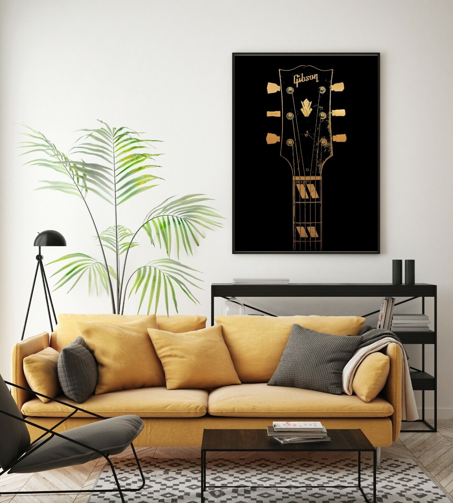 Guitar Neck Art Print, Gold Effect Guitar Print, Wall Art, Gift for him