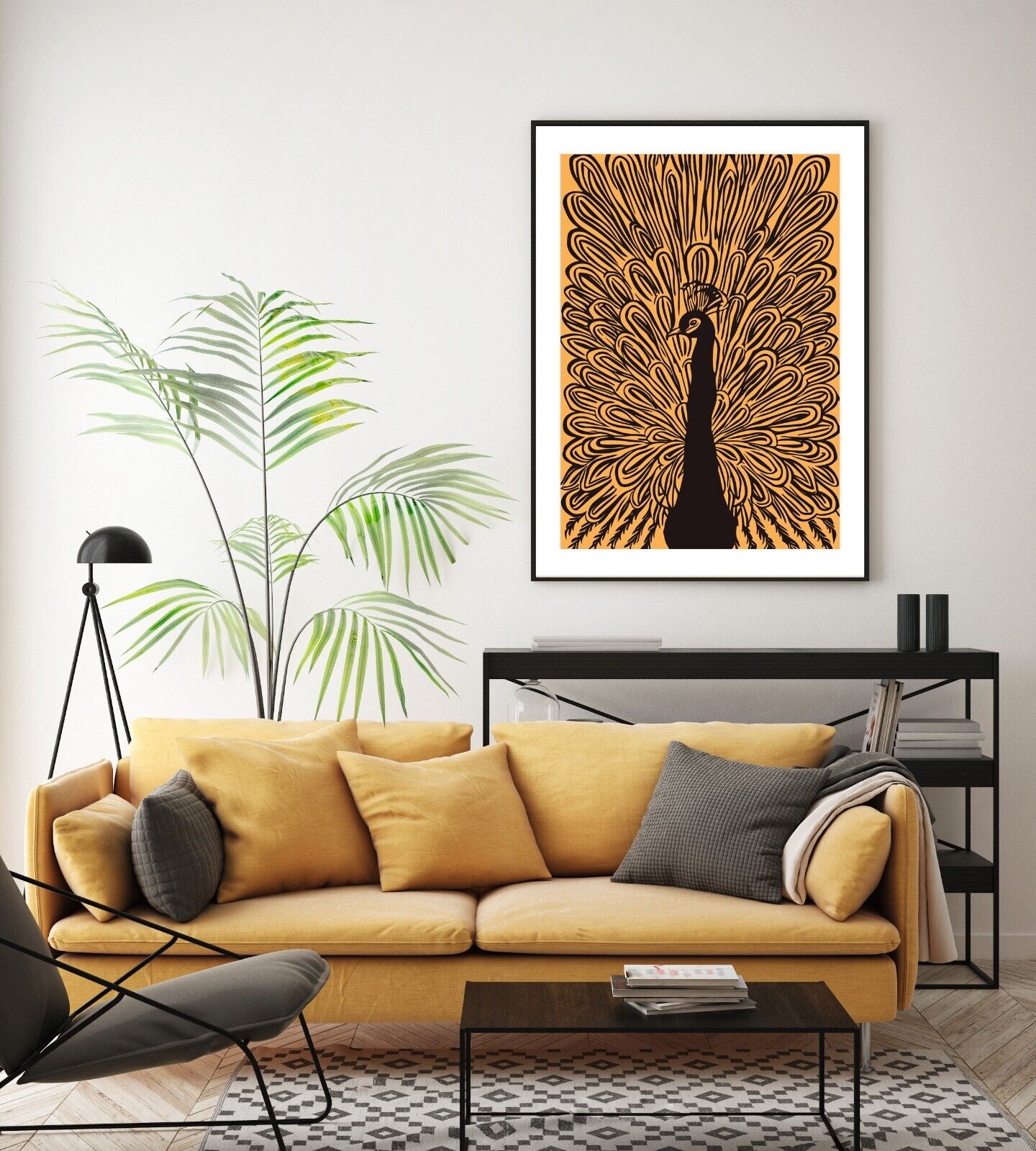 Peacock Wall Art Print, Black and Gold Peacock Drawing Wall Art Print