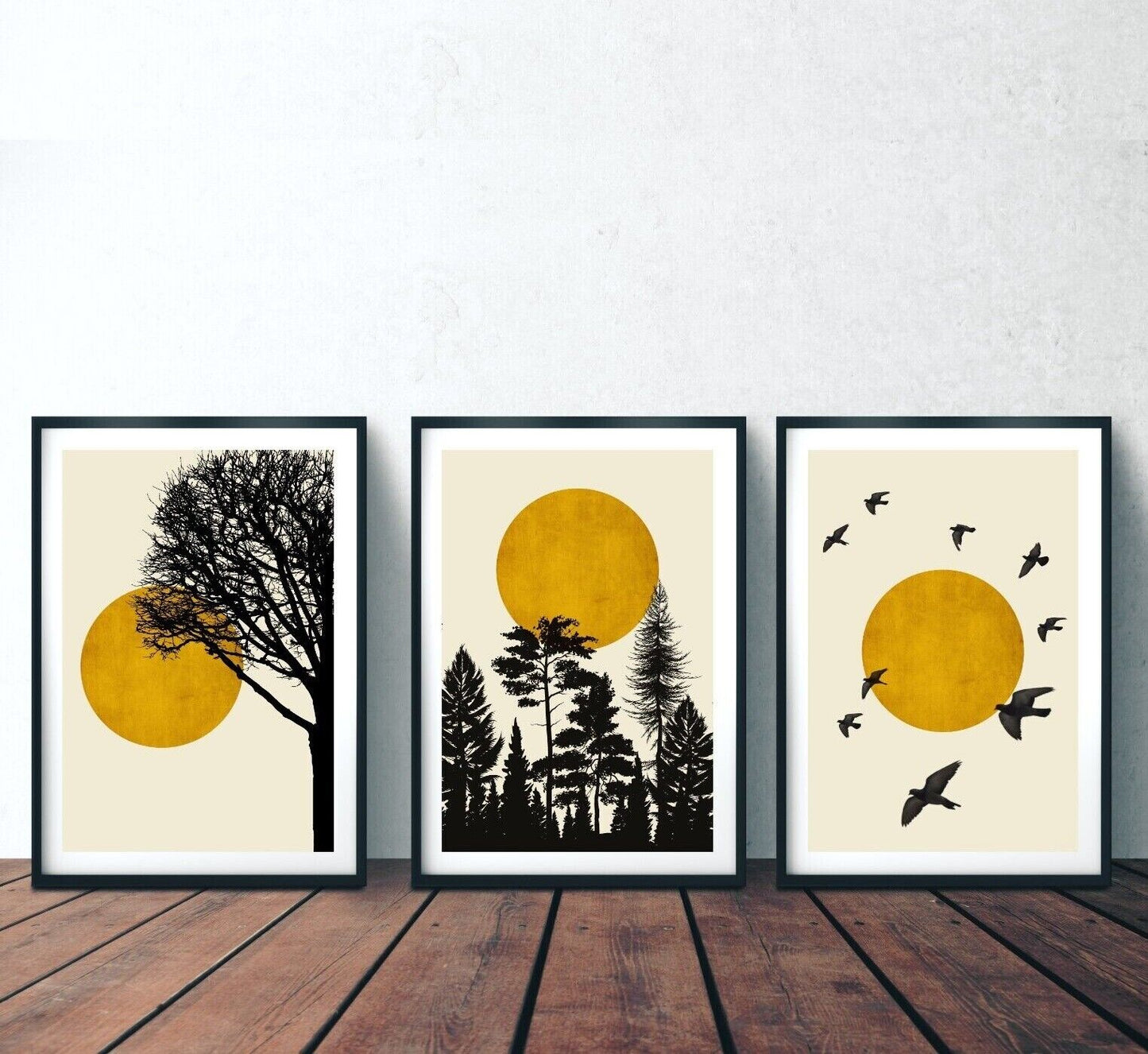 Set of Three Minimal Art Prints, Gold Sun and Trees Wall Art, Gallery Wall Print