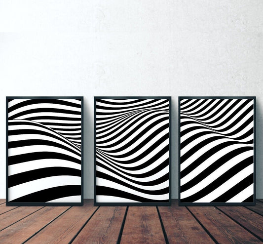 Set of 3 Monochrome Swirls Art Prints, Psychedelic Lines Print, Abstract Print