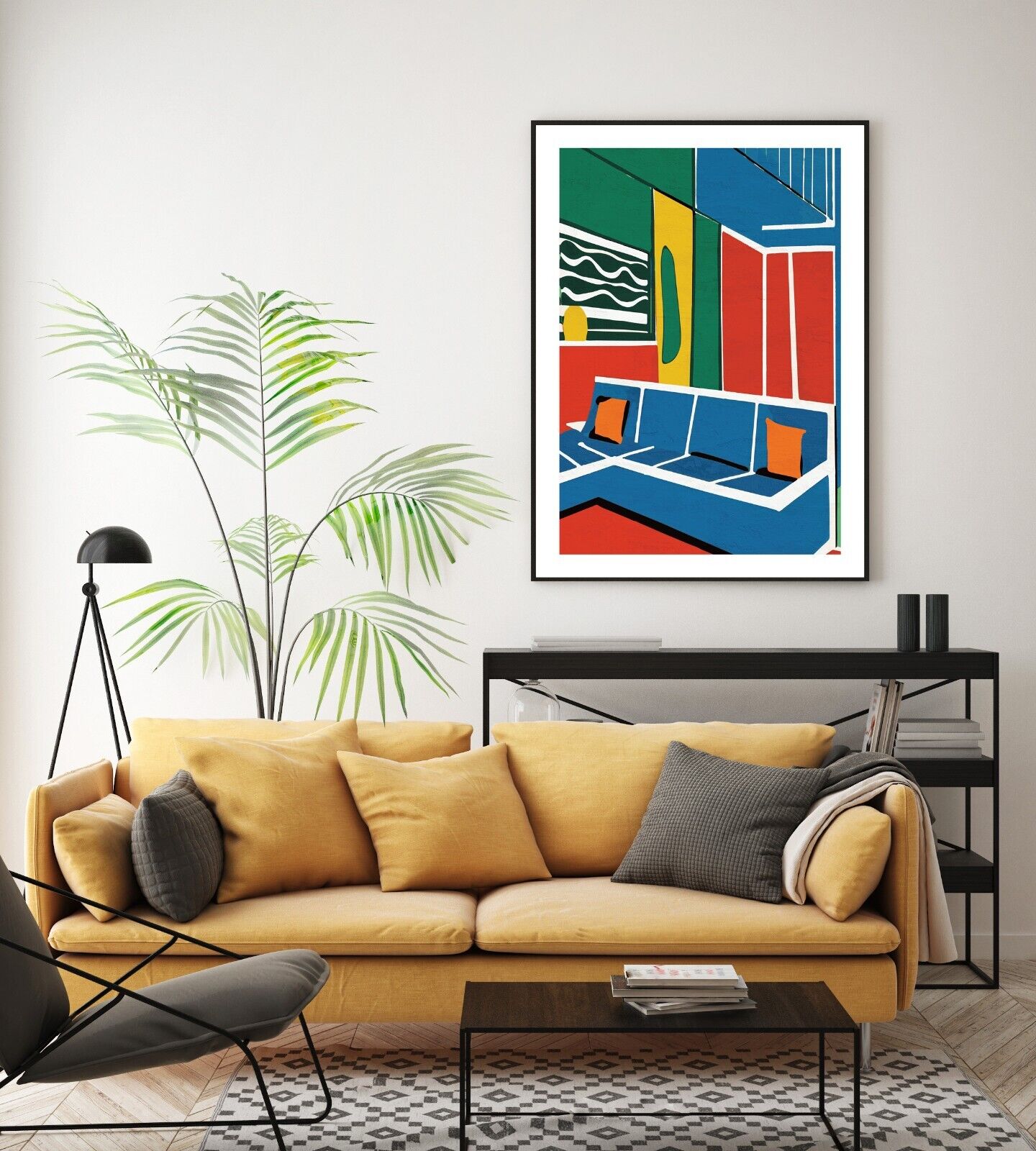 Abstract Colourful Painting of Mid Century Living room, Wall Art, Home Decor