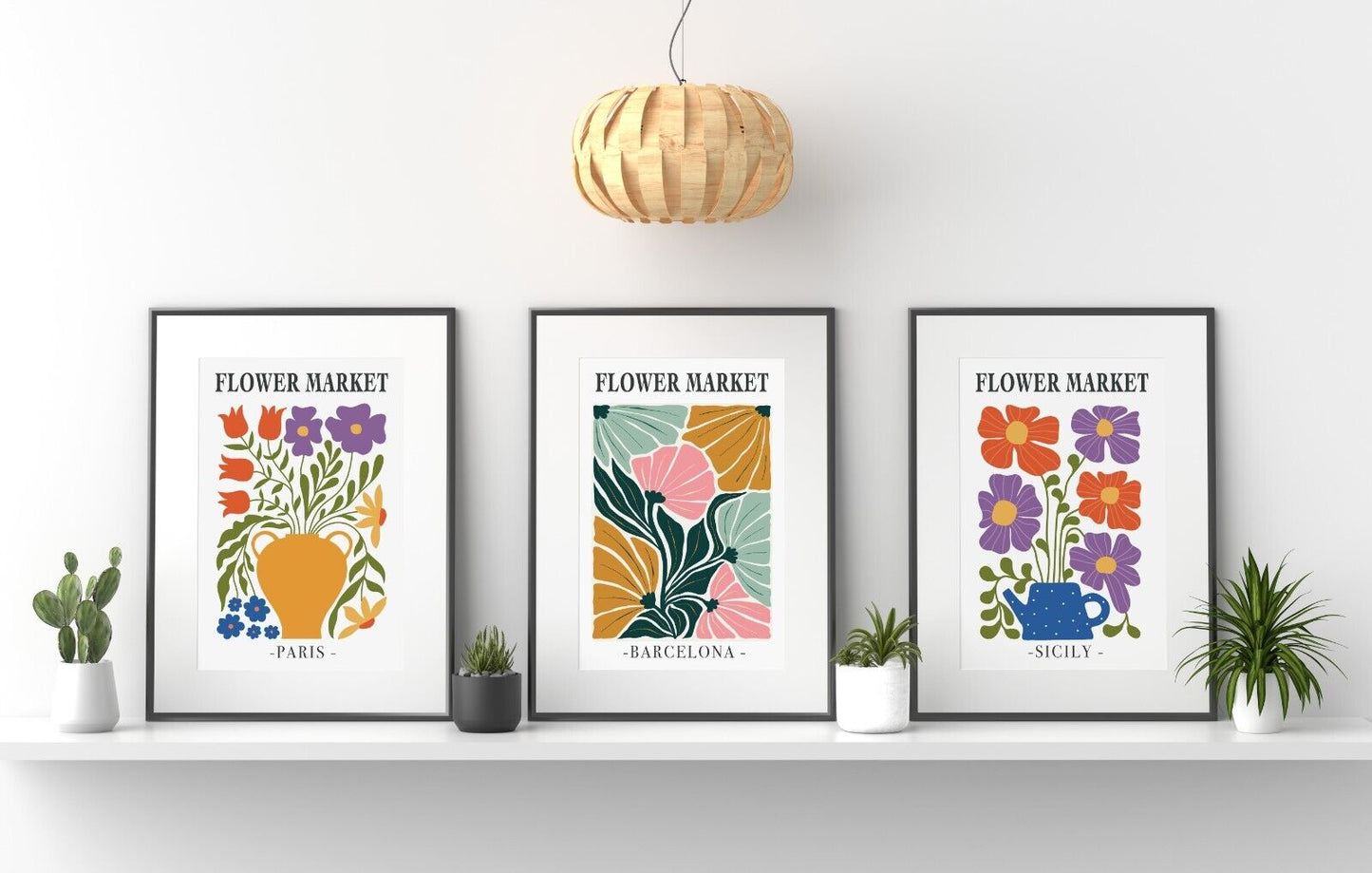 Set of 3 Flower Market Art Prints,  Abstract Wall Art, Botanical Prints