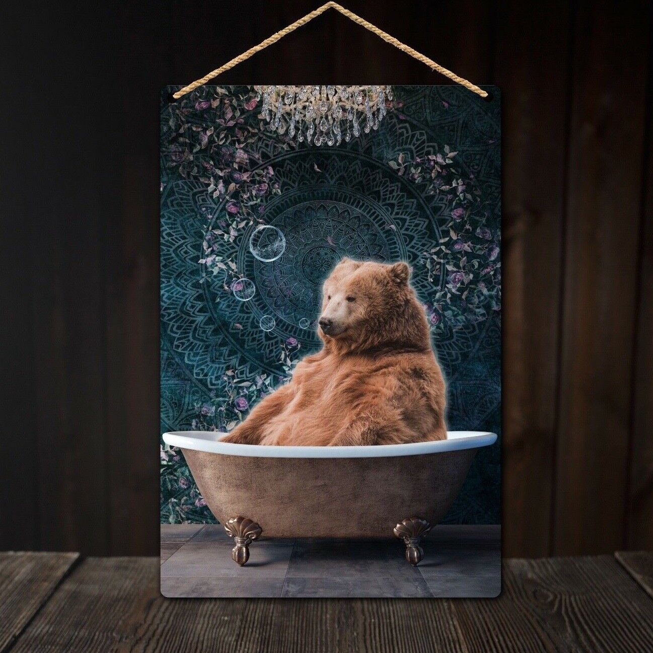 Bear in Bath Metal Wall Plaque, Bathroom Wall Plaque, Bear Art Tin Sign