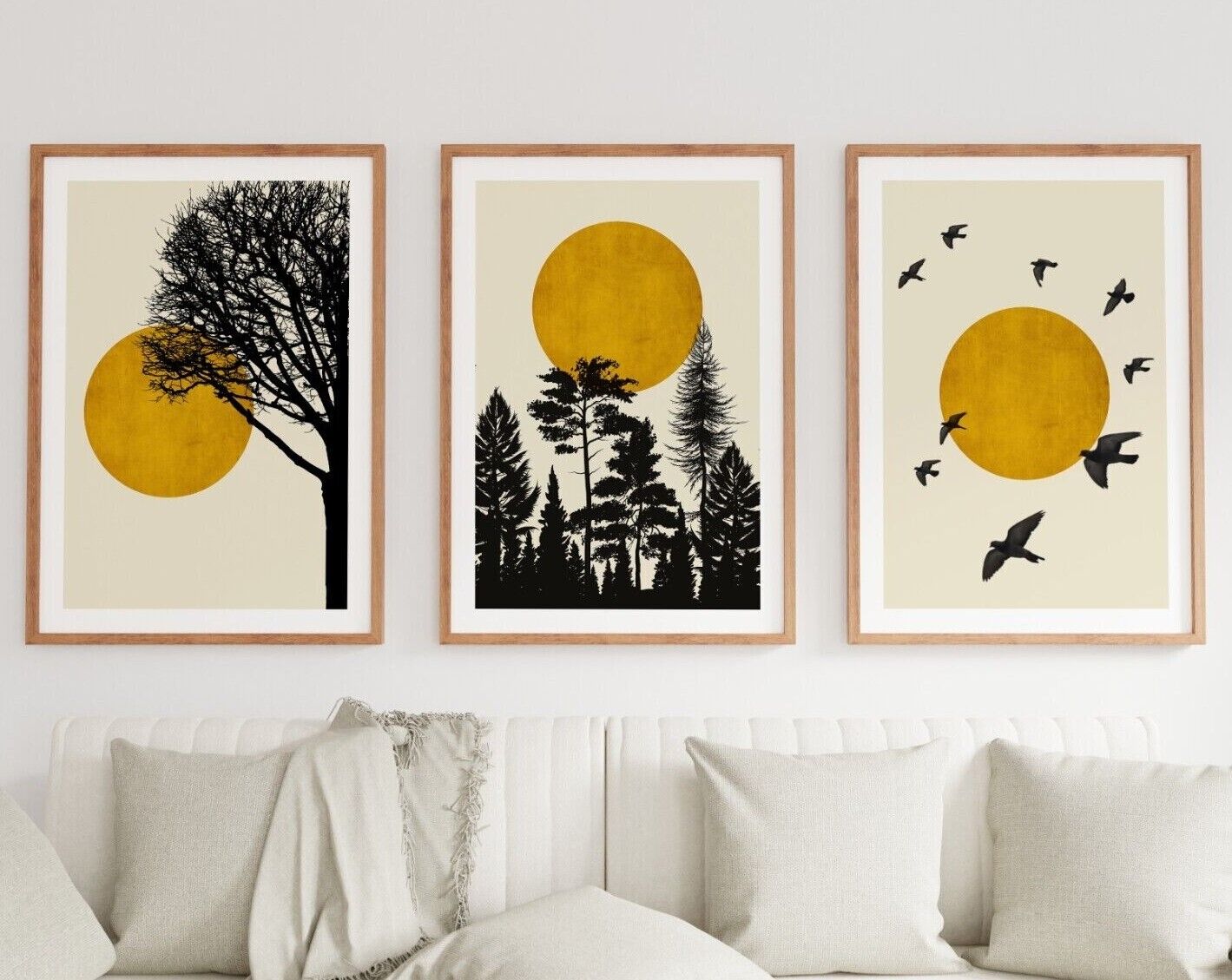 Set of Three Minimal Art Prints, Gold Sun and Trees Wall Art, Gallery Wall Print