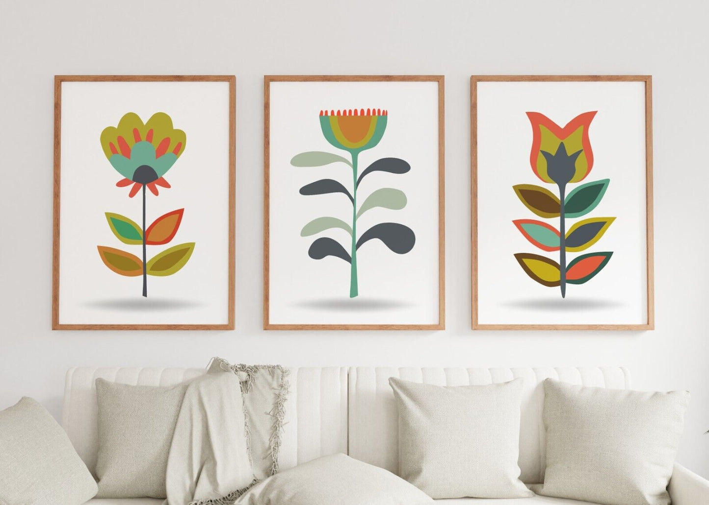 Set of Three Minimal Flower Art Prints, Scandinavian Wall Art, Gallery Wall