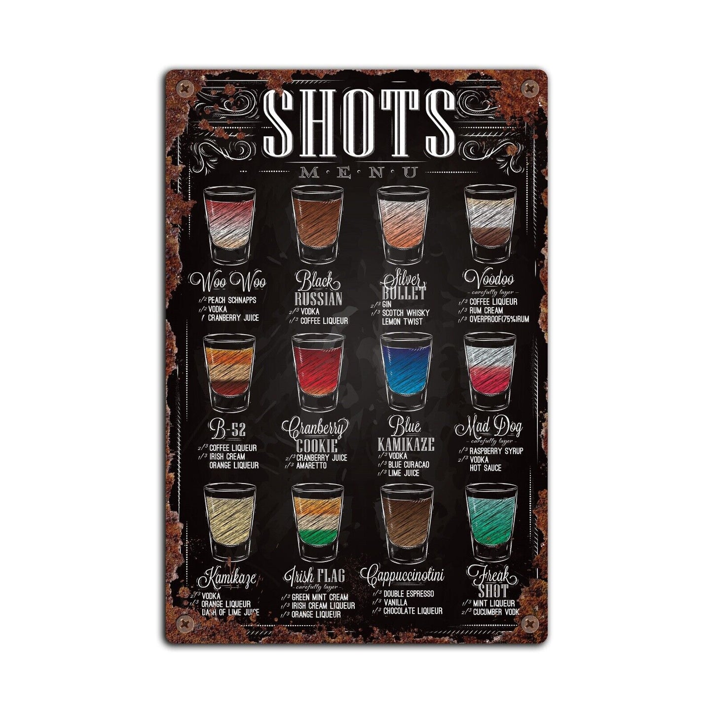 Shots Menu Tin Sign, Vintage Home Bar Metal Plaque, Man Cave Tin Sign