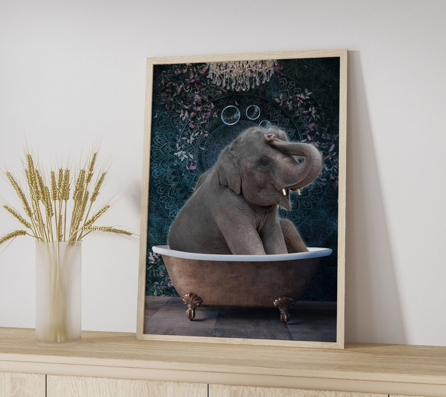 Elephant in Bath Art Print, Bathroom Wall Art, Elephant Arty Print, Home Decor