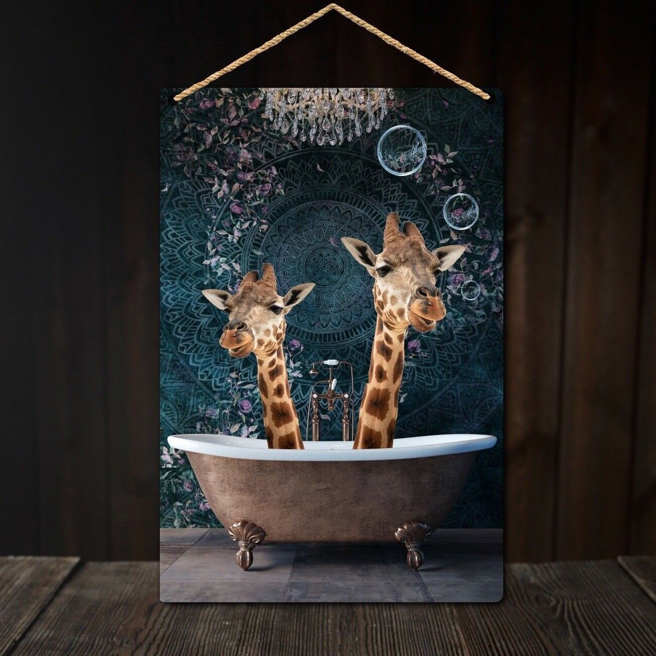 Giraffes in Bath Metal Wall Plaque, Bathroom Wall Plaque, Giraffe Art Tin Sign