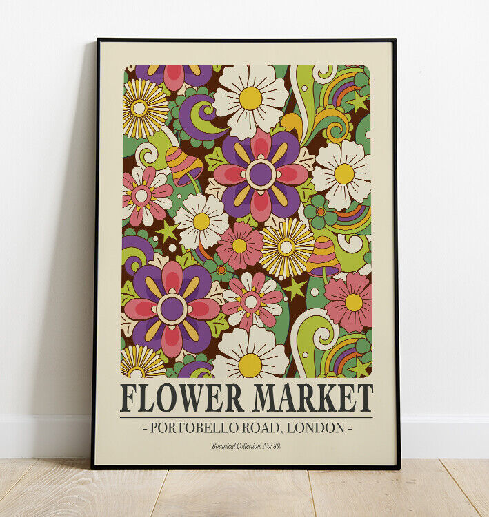 Retro Flower Market Art Print, Sixties Inspired Portobello Road Flower Print