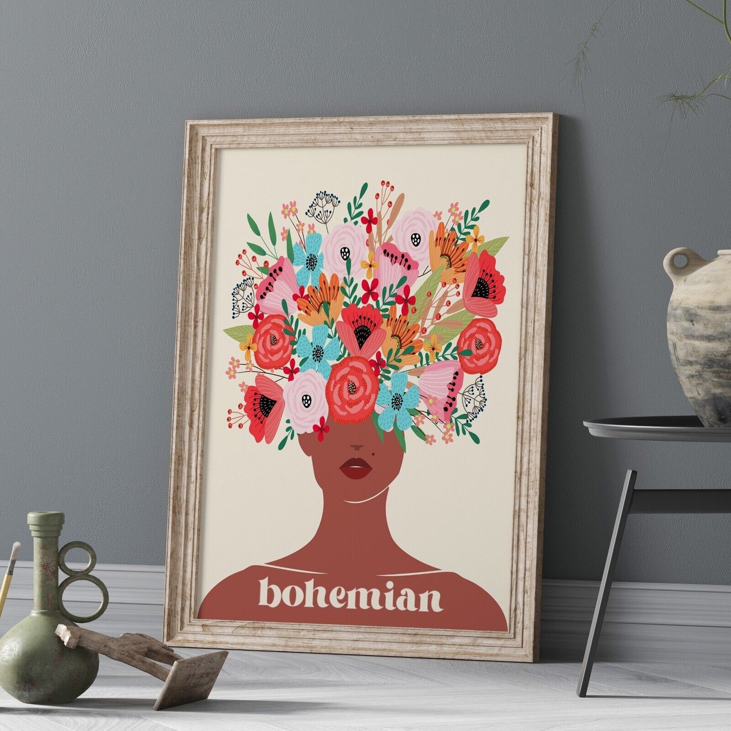 Bohemian Art Print, Flower Face Print, Contemporary Art, Home Decor, Boho Art