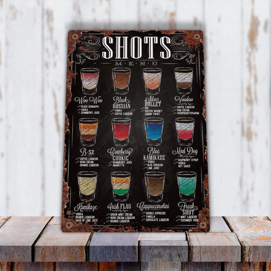 Shots Menu Tin Sign, Vintage Home Bar Metal Plaque, Man Cave Tin Sign