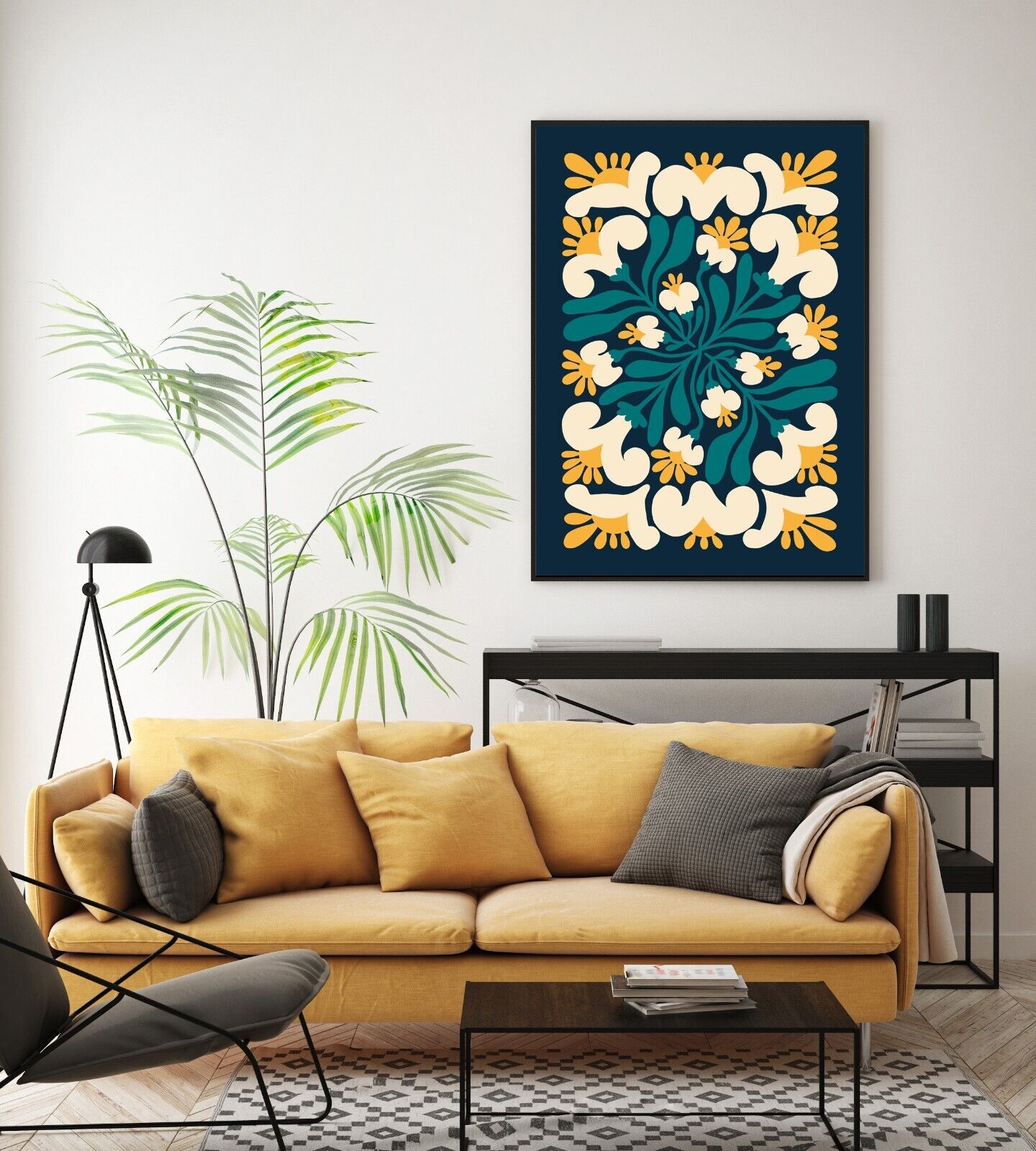 Retro Floral Art Print, Mid Century Flower Print, Blue Art Print, Home Decor