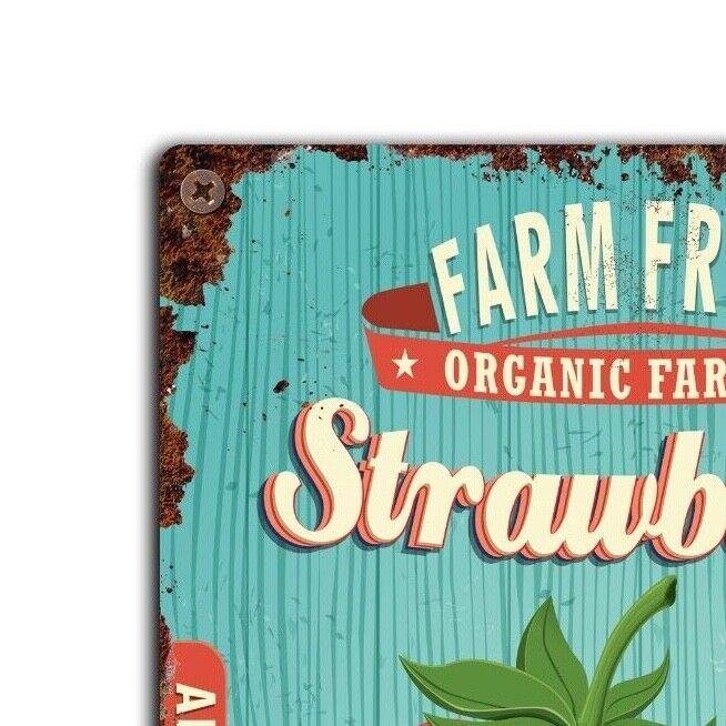 Retro Strawberry Tin Sign, Retro Farm Shop Plaque, Vintage Strawberries tin sign