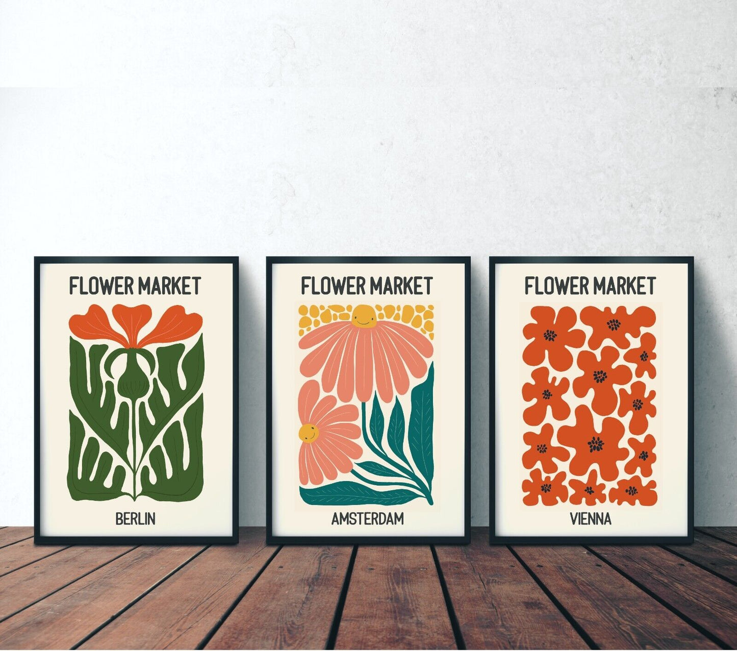 Set of 3 Flower Market Art Prints,  Abstract Wall Art Posters, Botanical Prints