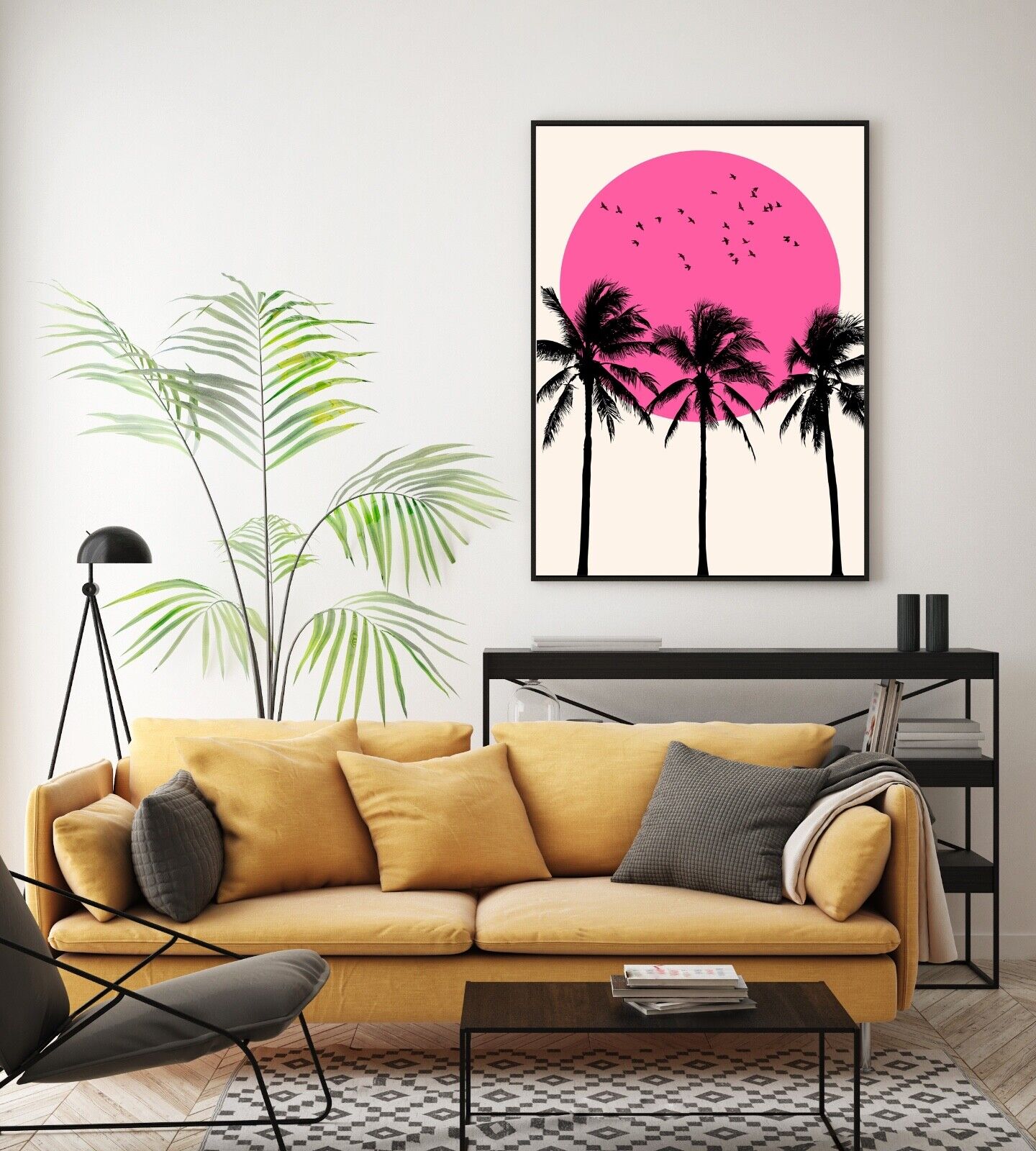 Minimal Palm Tree Art Print, Palm Trees Print, Wall Art, Pink Sun Print