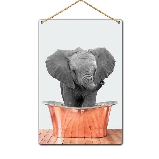 Elephant in Copper Bath Wall Plaque, A4 Elephant in Bath Metal Sign, Tin Sign