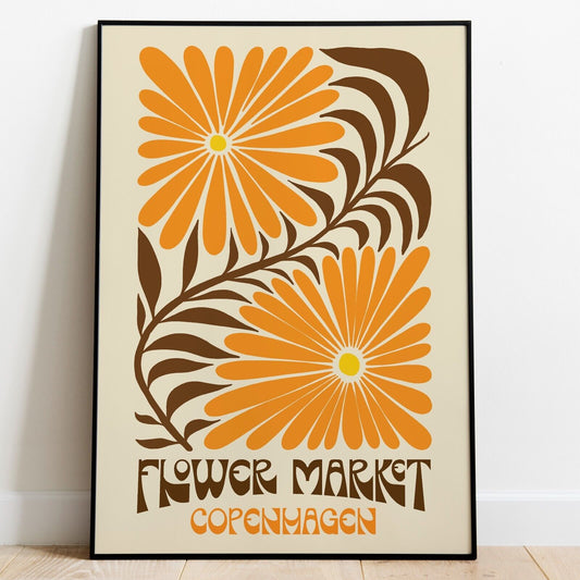 Copenhagen Flower Market Print, Retro Sixties Seventies Wall Art Poster