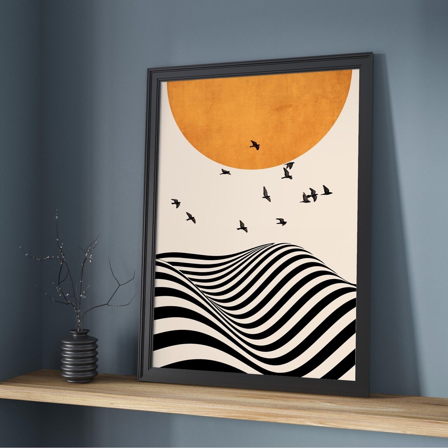 Abstract Art, Contemporary Art Print, Sun and Birds over wavy lines Art Print