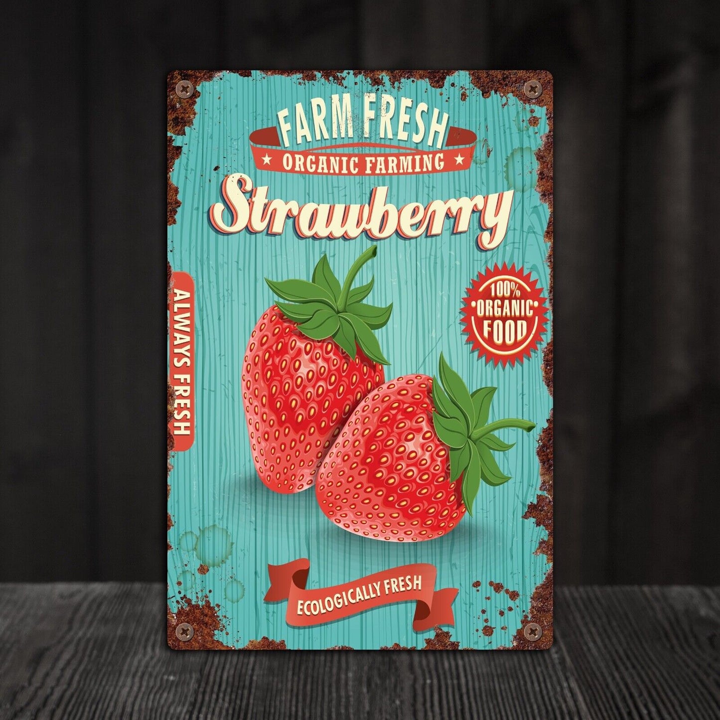 Retro Strawberry Tin Sign, Retro Farm Shop Plaque, Vintage Strawberries tin sign