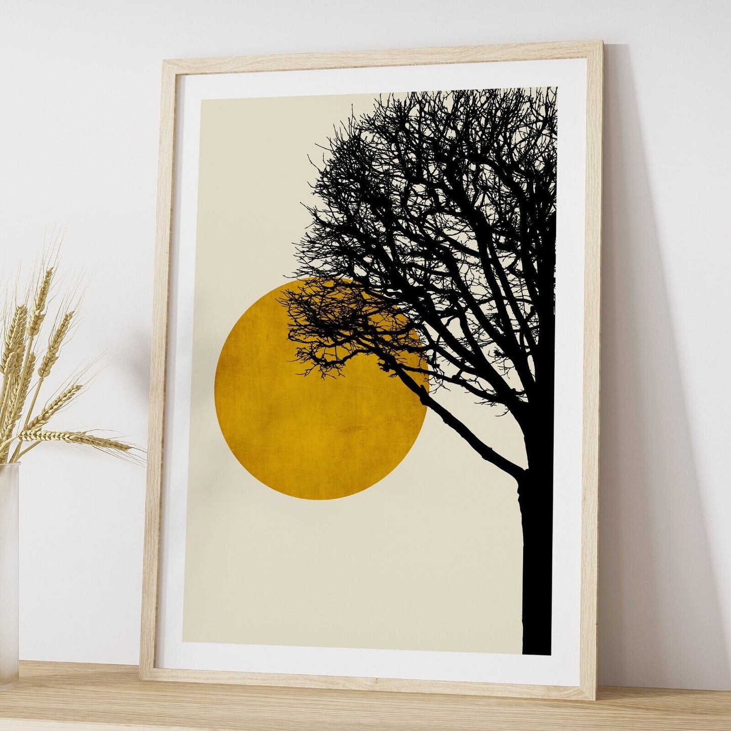 Set of Three Minimal Art Prints, Gold Sun and Trees Wall Art, Gallery Wall Print