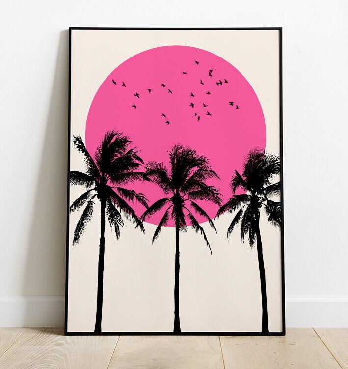 Minimal Palm Tree Art Print, Palm Trees Print, Wall Art, Pink Sun Print