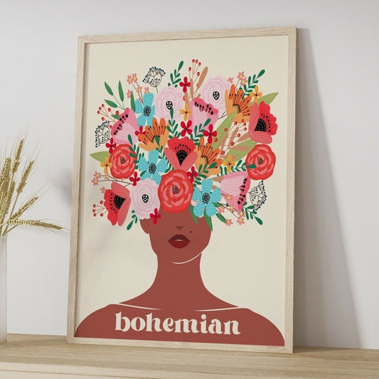 Bohemian Art Print, Flower Face Print, Contemporary Art, Home Decor, Boho Art