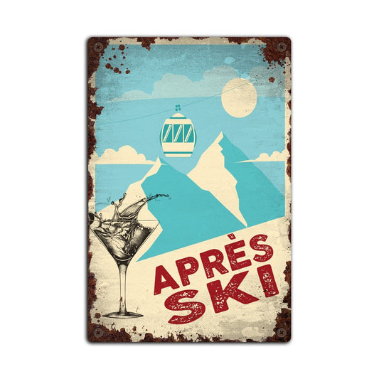 Retro Aprés Ski Tin Sign, Retro Skiing Plaque, Vintage Home Bar Metal Plaque