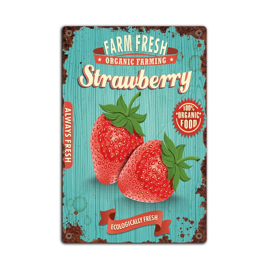 Retro Strawberry Tin Sign, Retro Farm Shop Plaque, Vintage Strawberries tin sign