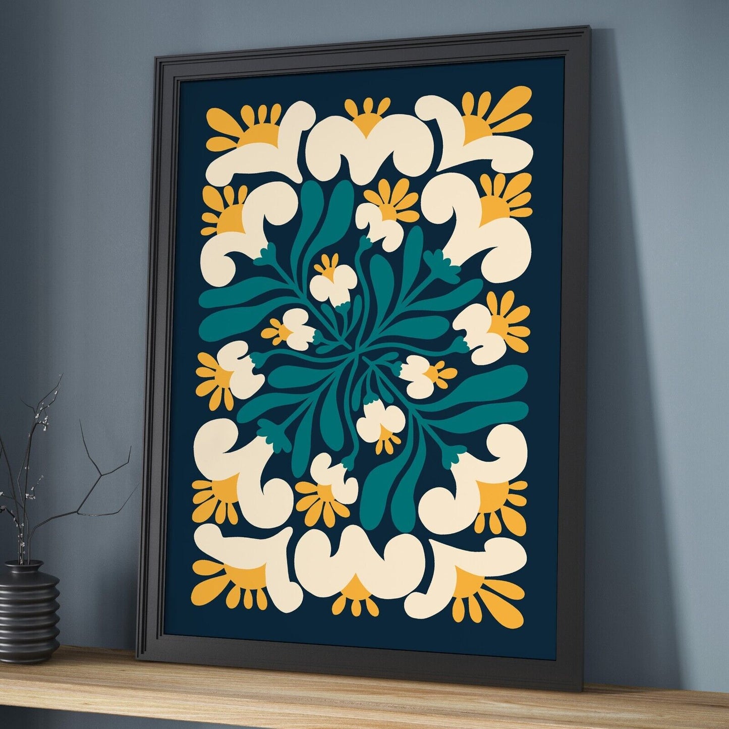 Retro Floral Art Print, Mid Century Flower Print, Blue Art Print, Home Decor