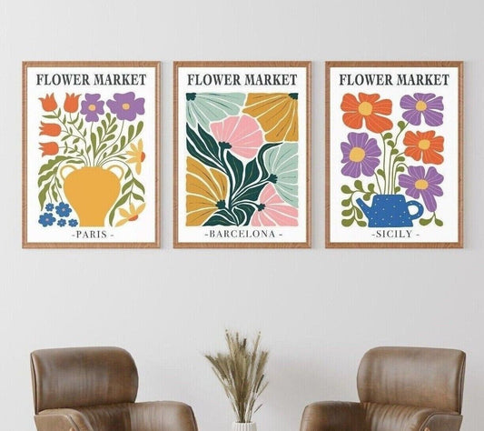 Set of 3 Flower Market Art Prints,  Abstract Wall Art, Botanical Prints