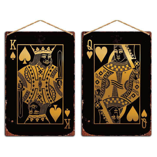 Pair of Playing Card Tin Signs, King & Queen of Hearts Gold Effect Metal Plaques