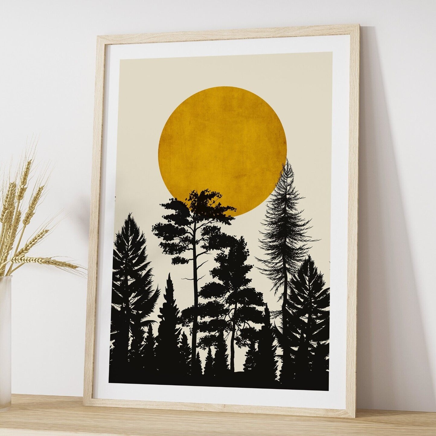 Set of Three Minimal Art Prints, Gold Sun and Trees Wall Art, Gallery Wall Print