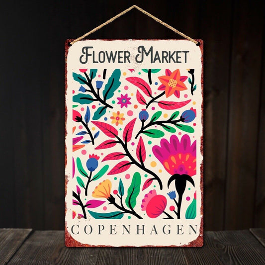 Copenhagen Flower Market Tin Sign, Floral Wall Plaque, Vintage Tin Sign