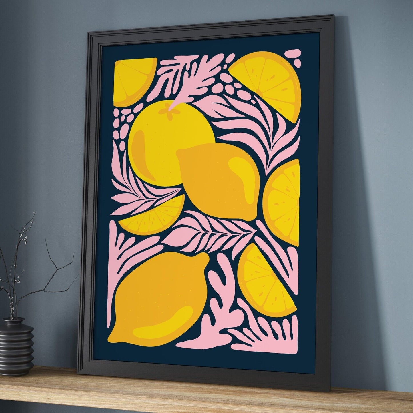 Abstract Lemon Art Print, Navy Blue Print, Home Decor, Fruit Print