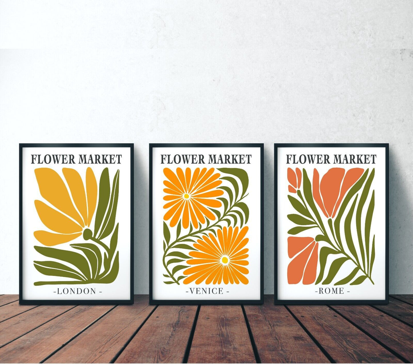 Set of 3 Retro Flower Market Art Prints,  Abstract Wall Art, Botanical Prints