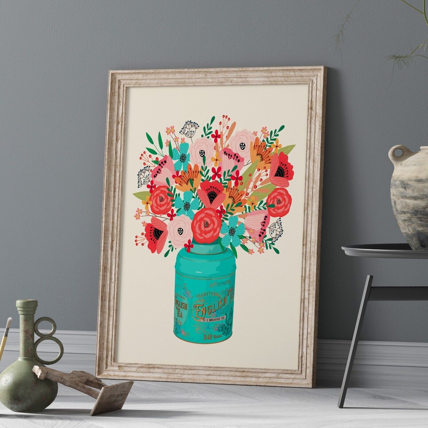 English Tea and Flowers Art Print, Contemporary Art, Home Decor, Wall Art