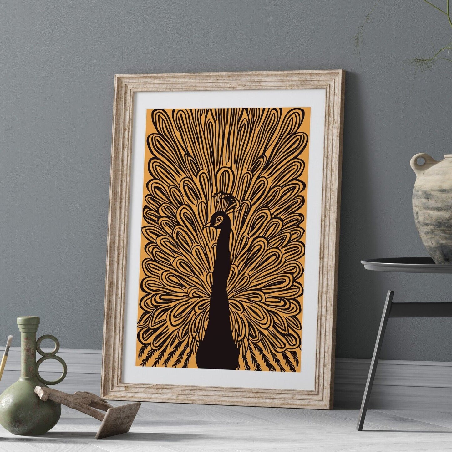 Peacock Wall Art Print, Black and Gold Peacock Drawing Wall Art Print