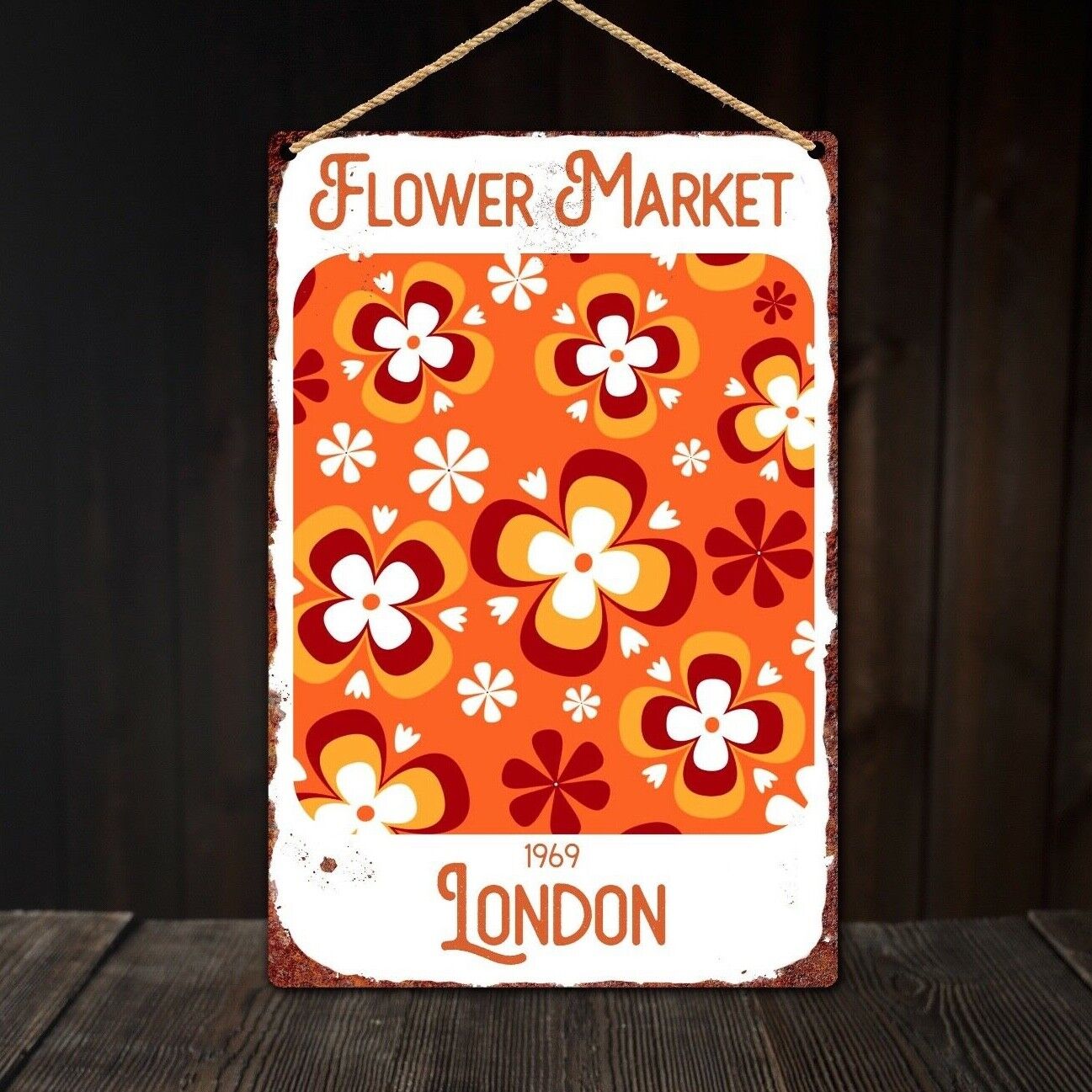 London Flower Market Tin Sign, Kitchen Wall Plaque, Retro Hippy Tin Sign