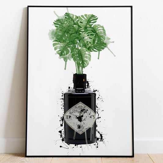 Gin Bottle with plants Watercolour Art Print, Home Decor, Wall Art, Kitchen Art