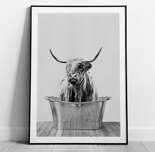 Cow in Bath Print, Highland Cow Print, Cow Poster, Cow Art Print, Wall Art