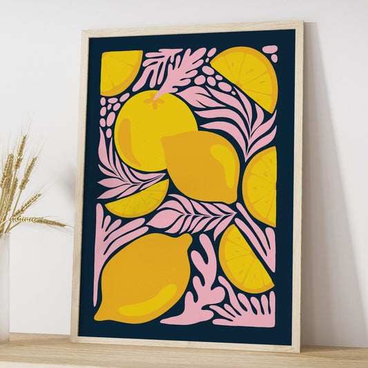 Abstract Lemon Art Print, Navy Blue Print, Home Decor, Fruit Print