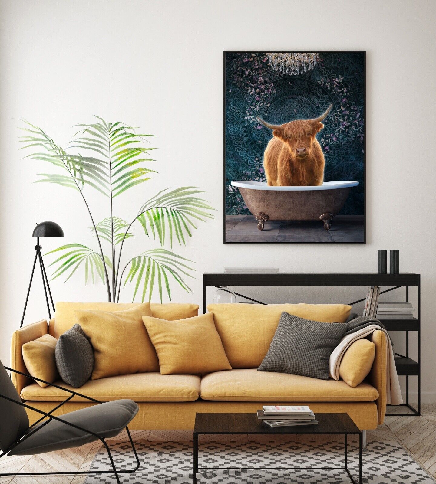 Highland Cow in the Bath Art Print, Home Decor, Contemporary Art, Cow Wall Art