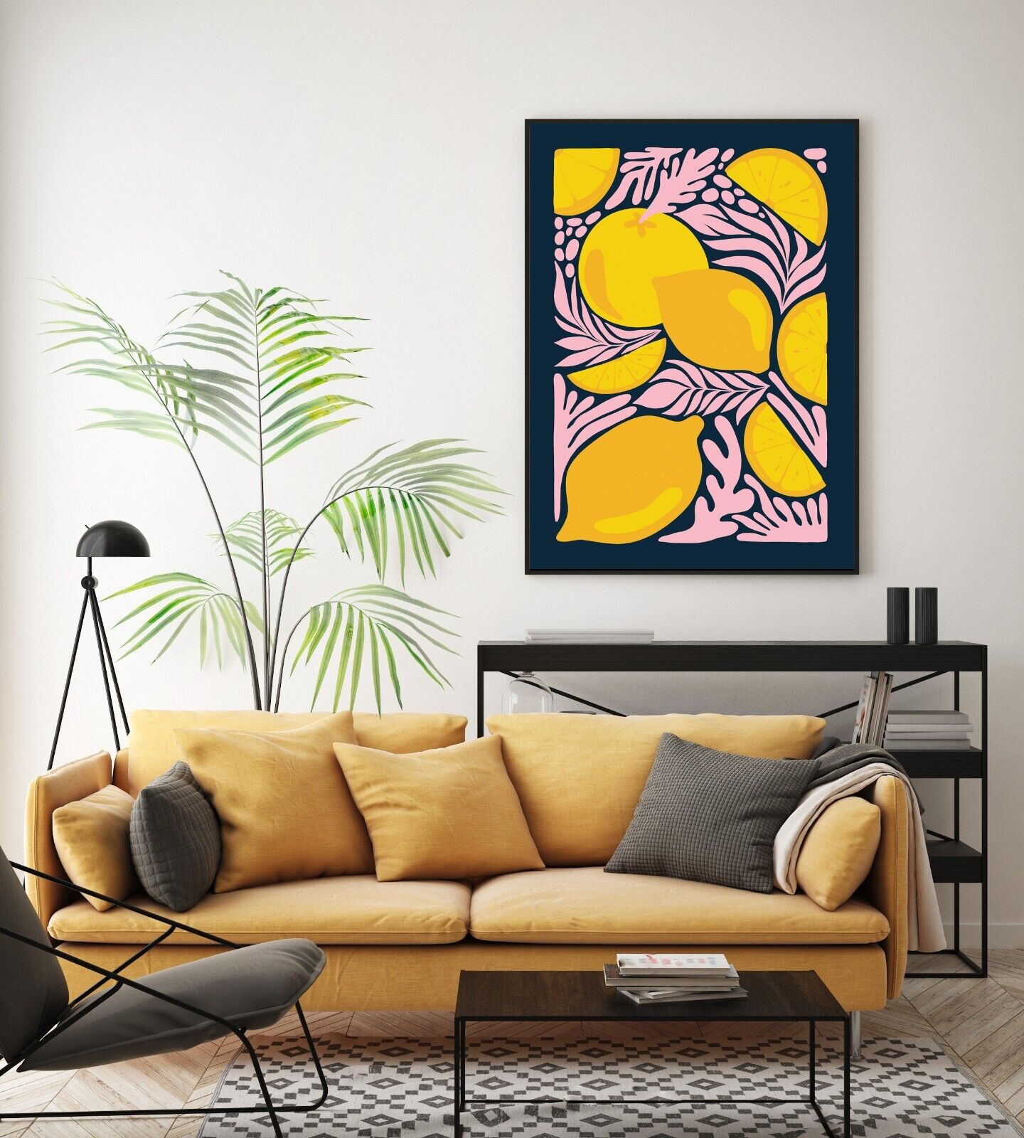 Abstract Lemon Art Print, Navy Blue Print, Home Decor, Fruit Print