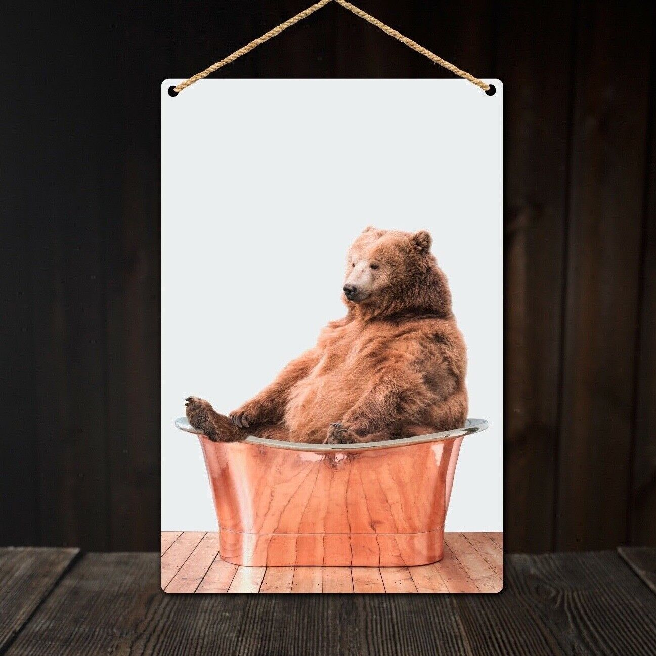 Bear in Copper Bath Wall Plaque, A4 Bear in Bath Metal Sign, Tin Sign Wall Art