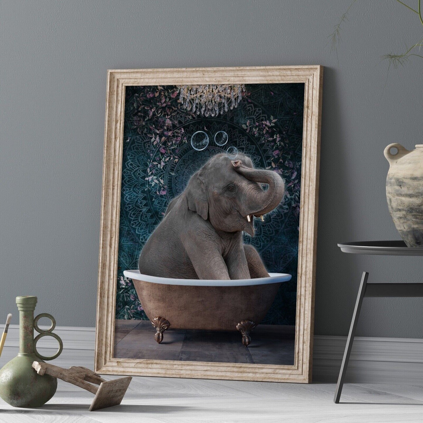 Elephant in Bath Art Print, Bathroom Wall Art, Elephant Arty Print, Home Decor