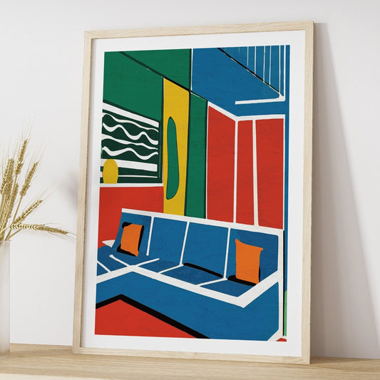 Abstract Colourful Painting of Mid Century Living room, Wall Art, Home Decor