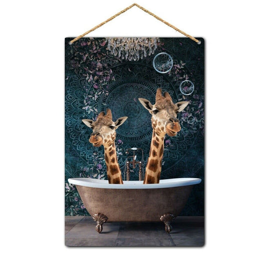 Giraffes in Bath Metal Wall Plaque, Bathroom Wall Plaque, Giraffe Art Tin Sign