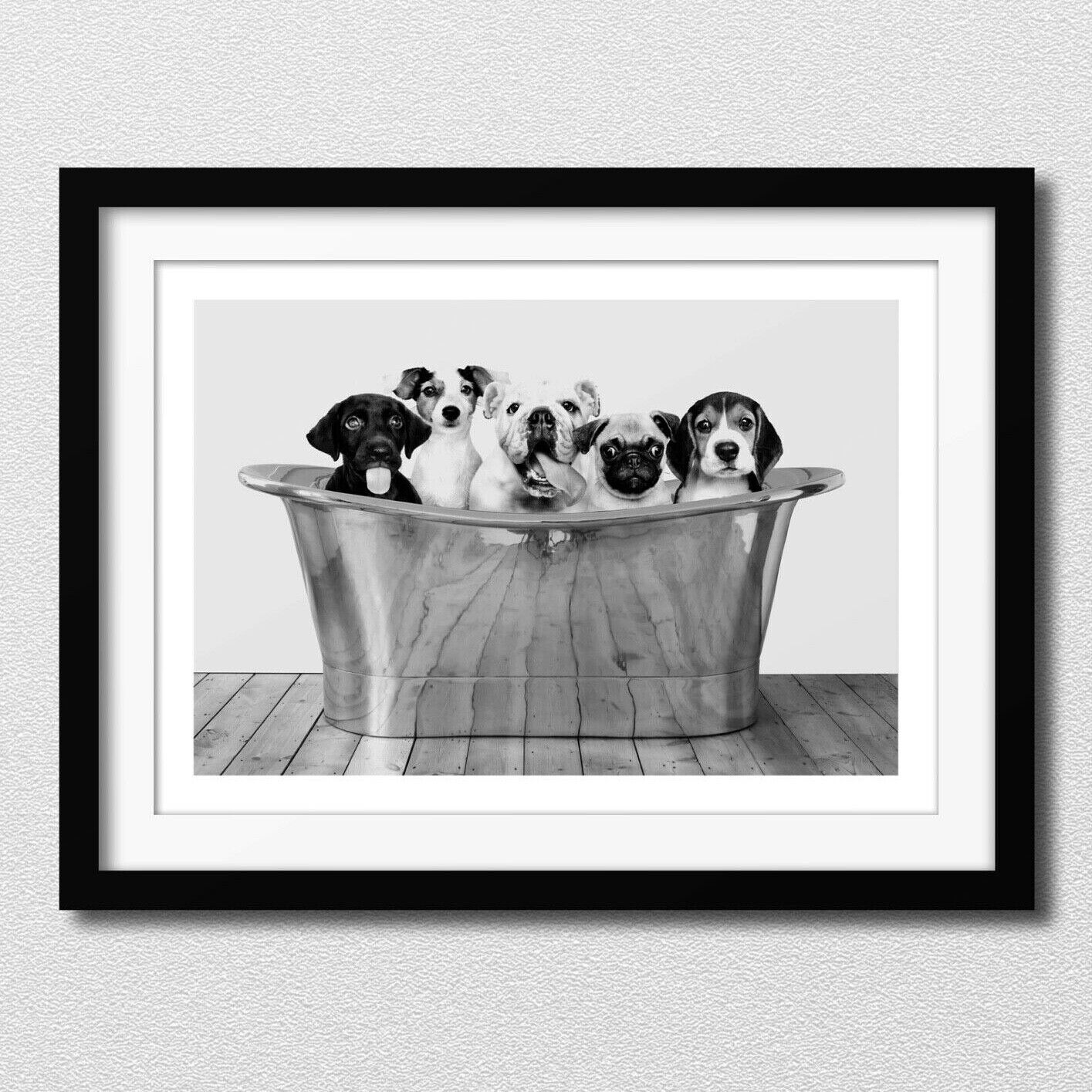 Puppies in Bath Art Print, B/W Puppy Poster, Dog Print, Home Decor Wall Art